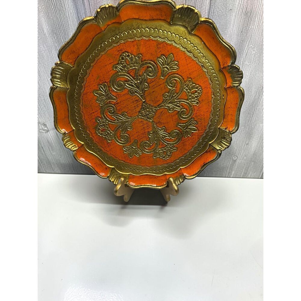 Vintage Italian Florentine Orange Gold Decorative Tray 11.5in Round Tole Style